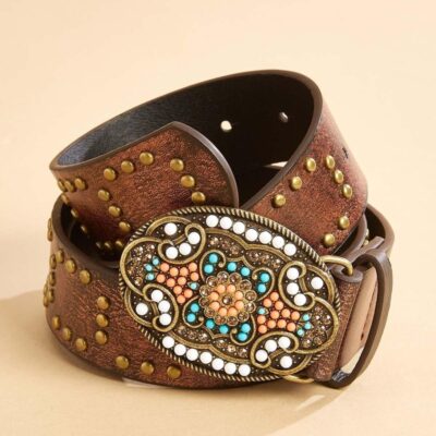 Accessories VERSONA  | Turquoise Buckle Belt Cognac