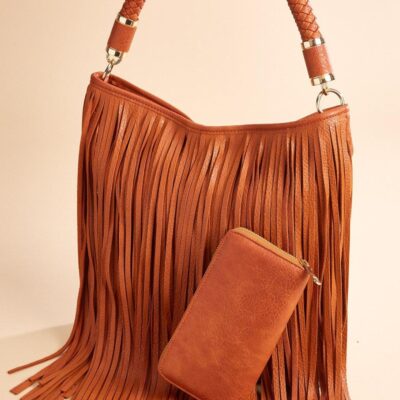 Accessories VERSONA  | Fringe Binge Handbag Set Cognac